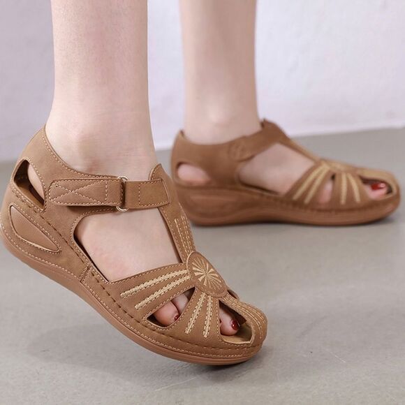 Womens Khaki Closed Toe Casual Comfort Wedge Sandals - Picture 3 of 4